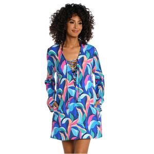 LA BLANCA Painted Leaves Lace Up V-Neck Cover-Up Tunic Dress Beach Tropical 3X